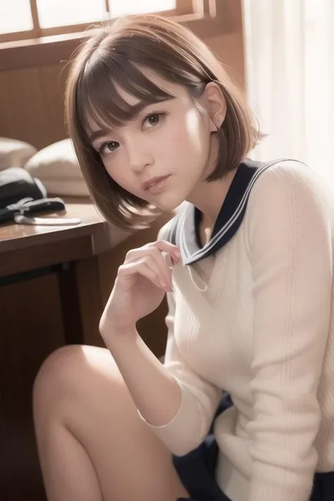 (RAW photo:1.2), ((photorealistic:1.4),(masterpiece:1.3),(best quality:1.4),ultra high res,(detailed eyes),(detailed facial features),(detailed clothes features),HDR,8k resolution, solo focus, bangs, skin tight, (shiny skin),(slender girl),dreamlike,
(extreme detailed illustration),check commentary,commentary request,scenery,no text,
(bob hair, short hair, brown hair:1.2),
VirtualGirl-Rin,
JK, schoolgirl, uniform, sailor suit, miniskirt, stockings,
1girl, full body,small breasts,
brown eyes, (no makeup, no lipstick:1.1)simple,no accessories,
happy,smile,
black collar,