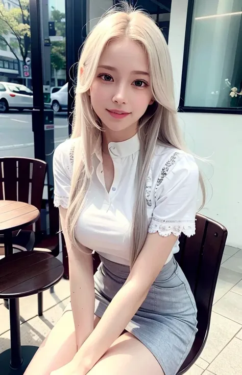 (8k, best quality, masterpiece:1.2), (realistic, photo-realistic:1.37), ultra-detailed, 1 girl,cute, solo,beautiful detailed sky,detailed cafe,night,sitting,dating,(nose blush), sitting before a table, table with afternoon tea, (smile:1.15),(closed mouth) medium breasts,beautiful detailed eyes,(collared shirt:1.1), daytime, sunshine,business attire, rain,white lace, (long hair:1.4),silver hair NovaFrogStyle, uniform, white skin,cinematic light,sunshine,street light, (av actress: 4), full body image,<lora:koreanDollLikeness_v15:0.33>, (tea table:1),(hand bag:1)