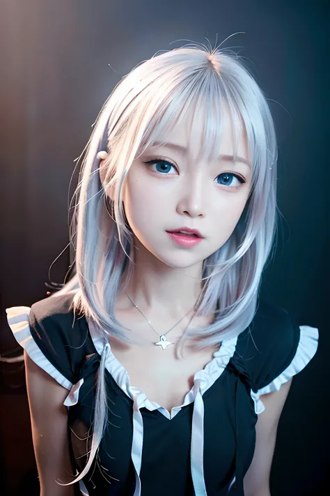 {best quality}, {{masterpiece}}, {highres}, extremely detailed CG, extremely detailed 8K wallpaper, extremely detailed character,{an extremely delicate and beautiful portrait}, (((portrait))), solo, sharp focus, dramatic angle, {{cinematiclighting}}, (photorealistic:2),{{{character({{{a girl}}}, {{{{{{loli}}}}}}, smile, opened mouth, beautiful detailed eyes, light blue eyes)}}}, ((12 years old)),highly detailed eyes, highly detailed face,small areola, (cowboy shot), 1 girl, solo, standing, studio background, (black background), gawr gura, gura, shark girl, tail, shark tail, sharp teeth, white hair, multicolored hair, petite, blue hoodie, hair ornament, <lora:virtualYoutuberGawr_ggV1:0.4>,<lora:koreanDollLikeness_v10:0.6>