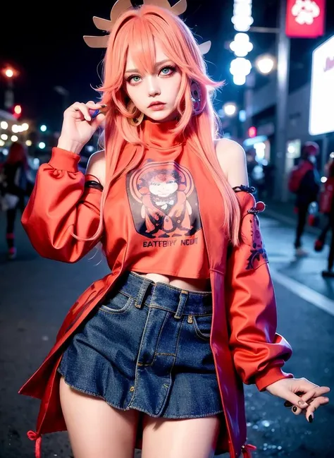 Realistic, Photorealistic, NSFW, solo, solo focus, cinematic light, tokyo at night, (leaning forward:1.2), inside swimming pool, (finely detailed face and beautiful eyes:1.2), (masterpiece:1.5), (best quality:1.2), kawaii eyes, dynamic pose, (punk style:1.1), (long jeans skirt:1.3), wrapped skirt, long colorful hair, (blue twin tail:1.2), white long eyelashes, leather choker, (rugged sweatshirt with print:1.2), long sleeves, (hair clips), red eye makeup, people in background, (piercings:1.2), (street fashion:1.2), streetwear, sneakers, cowboy shot, looking at viewer, breasts, standing, slender, (ulzzang-6500:0.8), handbag, one girl, 1giirl <lora:yaeMikoRealistic_yaemikoMixed:1>, cyberpunk, blue long hair
