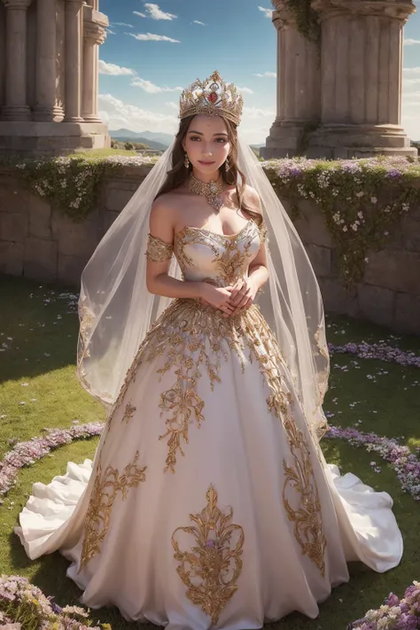 a beautiful girl, full body, queen dress, crown, complicated armor, flower decoration,
spelling, talking, smiling, arms behind back,
magic,power, d&d, soft rim light, in spring, beautiful detailed sky, muted color,
Greg Staples, Adonna Khare,
masterpiece, ultra high res, high quality, 4k, (photorealistic:1.2), photo,
