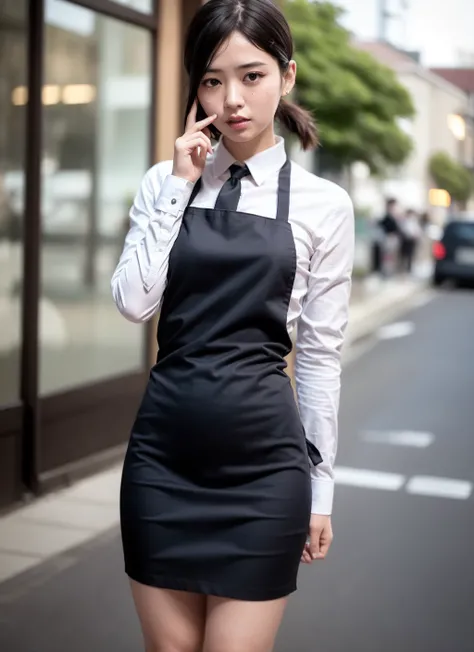 (8k, RAW photo, best quality, masterpiece:1.2),(realistic, photo-realistic:1.37), ((best quality)), ultra high res,extremely detailed CG unity 8k wallpaper, physically-based rendering,cinematic lighting,full body, (bokeh:1.4), (((1girl))), shapely, (slim waist),higashiyama kobeni,black hair,2 red hairpin,sweat,nervous,white shirt,black necktie,black apron,black legwear,double v,<lora:kobeni_v10:0.9>,