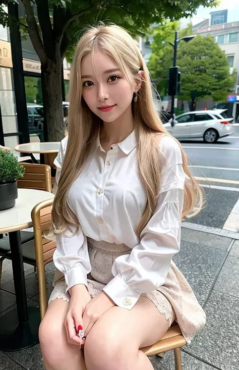 (8k, best quality, masterpiece:1.2), (realistic, photo-realistic:1.37), ultra-detailed, 1 girl,cute, solo,beautiful detailed sky,detailed cafe,night,sitting,dating,(nose blush), sitting before a table, table with afternoon tea, (smile:1.15),(closed mouth) medium breasts,beautiful detailed eyes,(collared shirt:1.1), daytime, sunshine,business attire, rain,white lace, (long hair:1.4),gold hair NovaFrogStyle, uniform, white skin,cinematic light,sunshine,street light, (av actress: 4), full body image,<lora:koreanDollLikeness_v15:0.33>, (tea table:1),(hand bag:1),<lora:japaneseDollLikeness_v10:0.33>