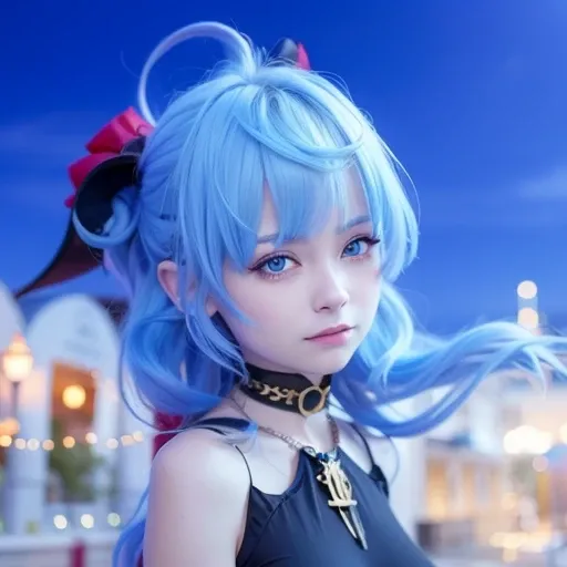 {best quality}, {{masterpiece}}, {highres}, extremely detailed CG, extremely detailed 8K wallpaper, extremely detailed character,{an extremely delicate and beautiful portrait}, {{cinematiclighting}}, (photorealistic:2),{{{character({{{a girl}}}, smile, cute, pretty)}}}, highly detailed face, 1 girl, solo, <lora:japaneseDollLikeness_v15:0.5>,  blue hair, beautiful, , has necklace of bell, horn color red and black,  mouth closed,  <lora:ganyuGenshinImpact_offset:0.4>, blushing, adult, {{{beautiful eyes,  beautiful big eyes,, high detailed eyes, half red eyes}}}, {{{24 years old, matured}}}