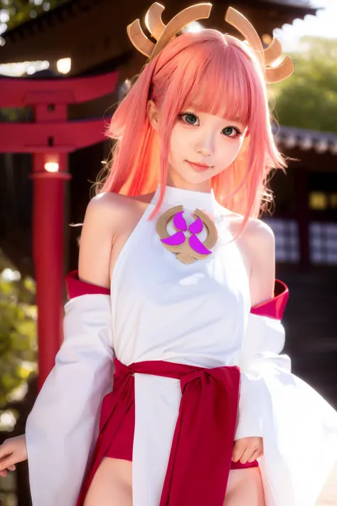 <lora:ChunmomoLora_v11:0.6>,chunmomo,<lora:yaeMikoRealistic_yaemikoMixed:0.8>,masterpiece, best quality,(RAW photo, best quality,high quality,highres), (realistic, photo-realistic), ultra-detailed, 1girl, (front lighting),
yae miko,front upper body portrait,detailed face,(detailed blurry torii background), standing,expressionless,
((light pink) hair,(very long hair)),(hair between eyes), bangs,hair ornament,
long white miko dress,detailed Japanese style clothes, (detached sleeves), bare shoulders, bare legs,no pants,no bra,no panties,