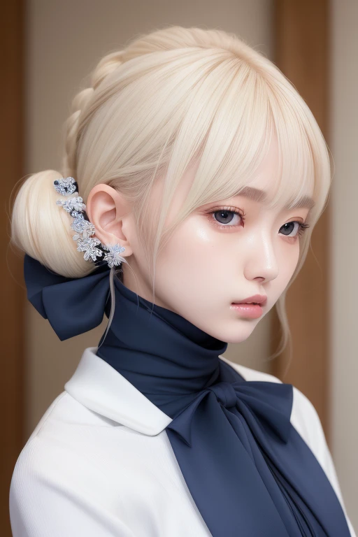 best quality, ultra hi res, photoreaslistic, a photography of a beautiful girl, Japanese girl, yo, detailed face, (ulzzang-6500:0.05), platinum blonde hair, hair up, white pleated blouse, navy blue small ribbon tie, face close up, church