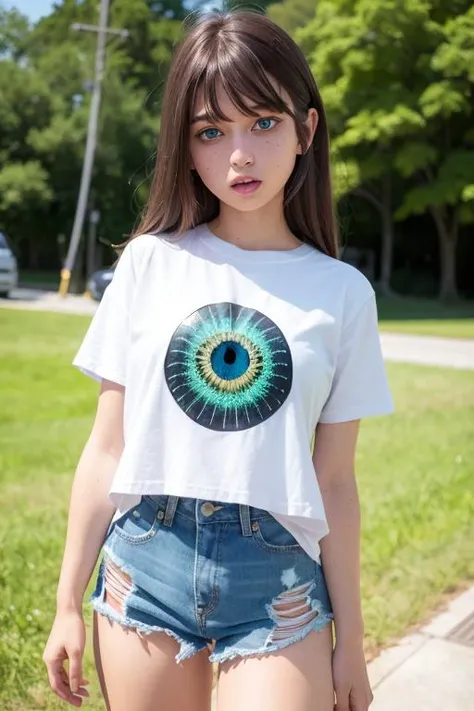 lora:aiyami:0.9 ,aiyami, 1 girl, (((green eye))),(((blue eye))),((freckles)),white patterned short sleeve,(denim shorts),cold expression,proud posture,best quality,(fair skin),long hair,