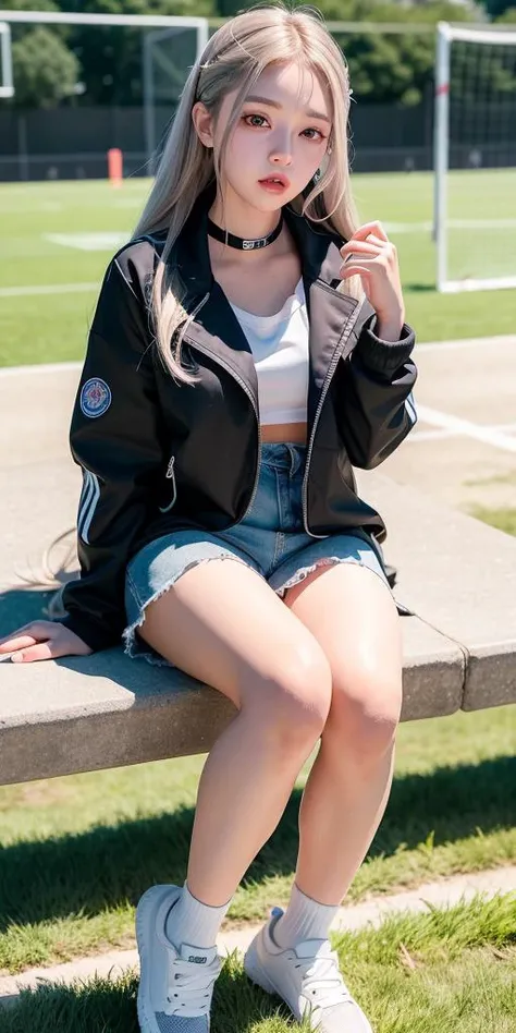 best quality, ultra high res, solo focus, diffuse lighting, ulzzang-6500-v1.1, hand on face, ((shoulder length hair)), gray hair, (choker), fullbody, ((sweaty)), sitting, ((school football field)), from faraway, from side, fit, windbreaker jacket, (open jacket), holding water bottle, korean, show shoulder, open jacket, open legs, thigh strap
