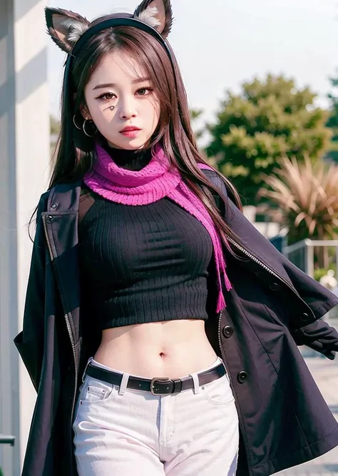 Photo Real, long hair, photo real, solo, photo real, best quality, Super High Resolution, a girl, serious expression, masterpiece, high, pink hat, a girl, fishnet pants, fishnet, scarf, animal ears, pink scarf, mask, black hair, halo, (gloves