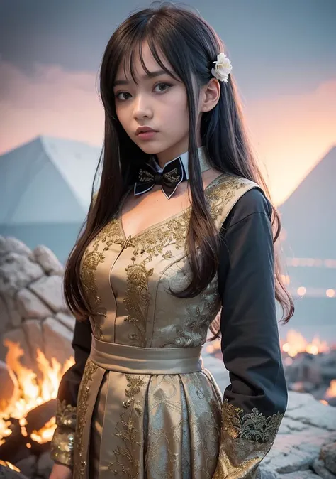 masterpiece,best quality, illustration,{beautiful detailed women},beautiful detailed glow,(flames of war:1.2),(nuclear explosion behide:1.3),rain,detailed lighting,detailed water,(beautiful detailed eyes:1.1),expressionless,palace,azure hair,disheveled hair,long bangs,hairs between eyes,(whitegrey dress:1.1),black ribbon,white bowties,midriff,big forhead,blank stare,flower,long sleeves