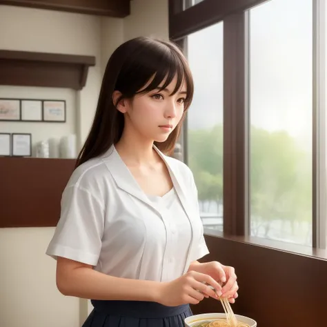 _modelshoot style, (extremely detailed CG unity 8k wallpaper), full shot body photo of the most beautiful artwork in the world, beautiful ((ramen shop)), professional majestic impressionism oil painting by Waterhouse, John Constable, Ed Blinkey, Atey Ghailan, Studio Ghibli, by Jeremy Mann, Greg Manchess, Antonio Moro, trending on ArtStation, trending on CGSociety, Intricate, High Detail, dramatic, makoto shinkai kyoto, trending on artstation, trending on CGsociety