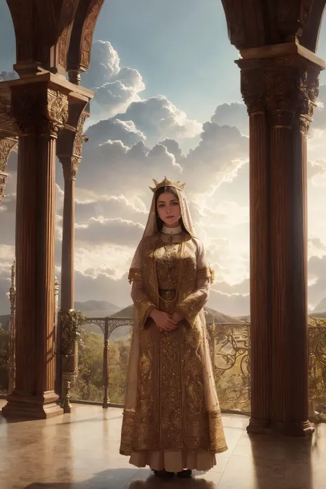 a beautiful girl, perfect face, full body, priest dress, goddness, complicated decoration,
spelling, talking, smiling, arms behind back,
soft rim light, beautiful detailed sky,
John Atkinson Grimshaw,
masterpiece, ultra high res, high quality, 4k, (photorealistic:1.2), photo,
