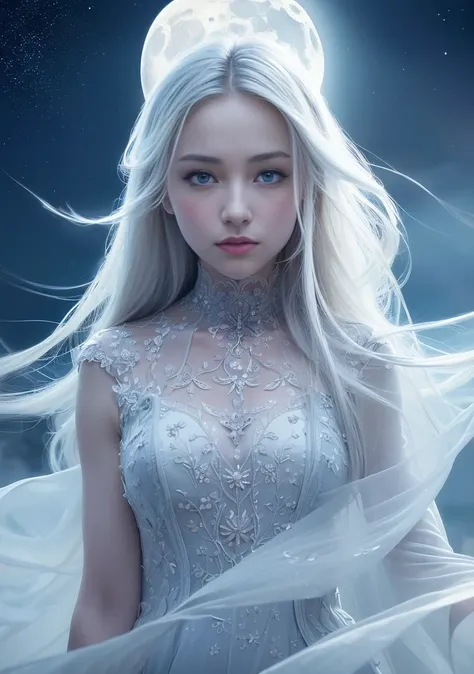 masterpiece, (best quality:1.2), (ultra-detailed:1.2), illustration, (an extremely delicate and beautiful:1.2),cinematic angle,floating, (beautiful detailed eyes:1.1), (detailed light:1.1),cinematic lighting, beautifully detailed sky, women, white hair, blue eyes, (high ponytail:1.1), cloak, glowing eyes, (moon:1.2), (moonlight:1.1), starry sky, (lighting particle:1.1), fog, snow painting, sketch, bloom