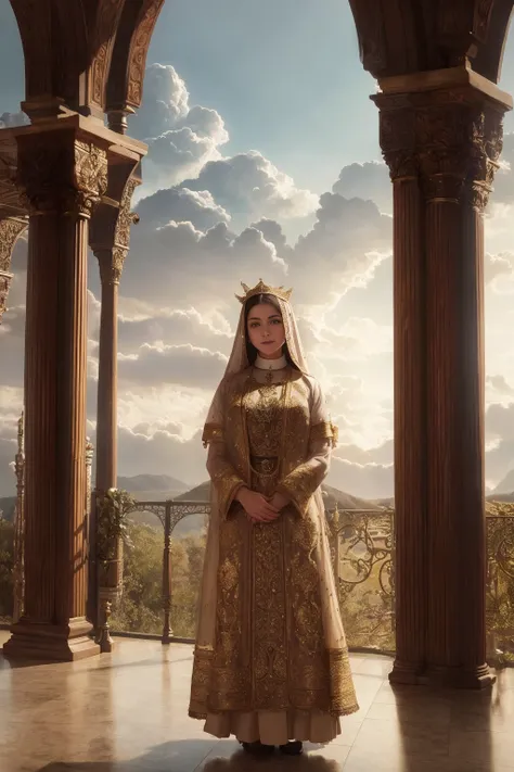 a beautiful girl, perfect face, full body,  priest dress, goddness, complicated decoration,
spelling, talking, smiling, arms behind back,
soft rim light, beautiful detailed sky,
John Atkinson Grimshaw, 
masterpiece, ultra high res, high quality, 4k, (photorealistic:1.2), photo,