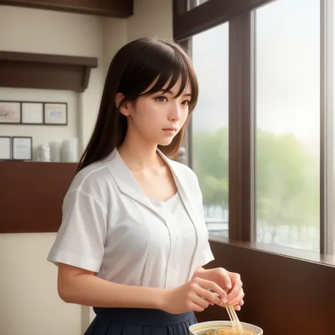 _modelshoot style, (extremely detailed CG unity 8k wallpaper), full shot body photo of the most beautiful artwork in the world, beautiful ((ramen shop)), professional majestic impressionism oil painting by Waterhouse, John Constable, Ed Blinkey, Atey Ghailan, Studio Ghibli, by Jeremy Mann, Greg Manchess, Antonio Moro, trending on ArtStation, trending on CGSociety, Intricate, High Detail, dramatic, makoto shinkai kyoto, trending on artstation, trending on CGsociety