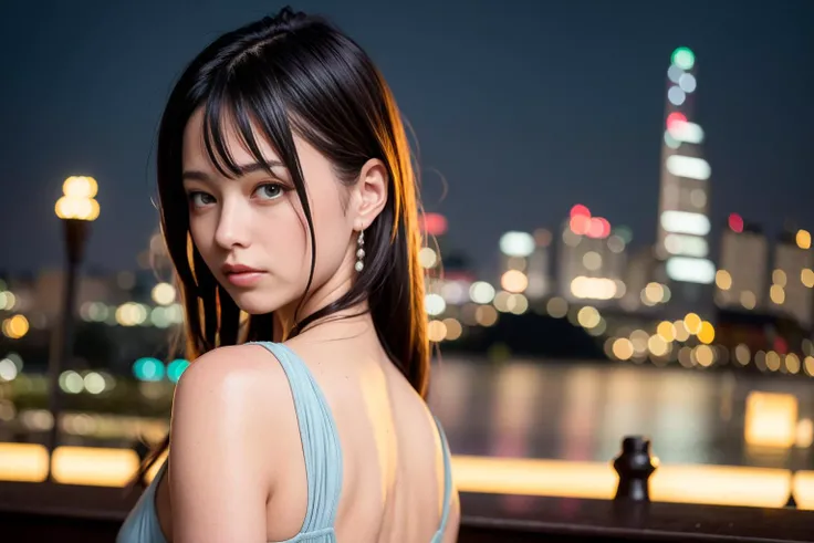2girl, best quality, ultra high res, (photorealistic:1.4), night, wet, rain, people, city, golden hair, black hair, short hair,long hair, ((Yurisa)), revealing clothes,sliver dress looking at the viewer,looking back, solo.ST. LOUIS \(LUXURIOUS WHEELS\) \(AZUR LANE\), fujifilm,photography, Bokeh, Depth of Field, <lora:japaneseDollLikeness_v10:0.1>,full body, slim body, Evening dress,shiny sleeveless dress, Lean body,