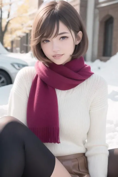(RAW photo:1.2), (photorealistic:1.4),(masterpiece:1.3),(best quality:1.4),ultra high res,(detailed eyes),(detailed facial features),(detailed clothes features),HDR,8k resolution, solo focus, bangs, skin tight, (shiny skin),(slender girl),dreamlike,
(extreme detailed illustration),check commentary,commentary request,scenery,no text,
<lora:VirtualGirl-Rin:0.2>,VirtualGirl-Rin, small breasts, bob hair, short hair, brown hair, brown eyes,black choker,
1girl, upper body,
Long red scarf,
Pink long-sleeved sweater,
Red cotton skirt,
White snow boots,
happy,smile,