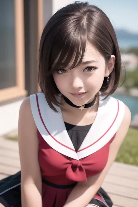 (RAW photo:1.2), (photorealistic:1.4),(masterpiece:1.3),(best quality:1.4),ultra high res,(detailed eyes),(detailed facial features),(detailed clothes features),HDR,8k resolution, solo focus, bangs, skin tight, (shiny skin),(slender girl),dreamlike,
(extreme detailed illustration),check commentary,commentary request,scenery,no text,
<lora:VirtualGirl-Rin_v2:0.2>,VirtualGirl-Rin, small breasts, bob hair, short hair, brown hair, brown eyes,
student,JK, schoolgirl,
1girl, upper body,
black choker,
white japanese school uniform,
sailor suit,
dark red pleated skirt, stockings,
sneakers,
happy,smile,