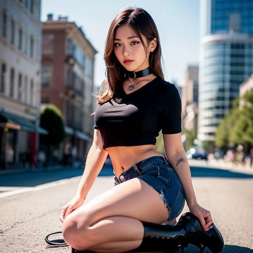 (8k, RAW photo, best quality, masterpiece:1.2), (realistic, photo-realistic:1.37) ,1girl, (aegyo sal:1),cityscape, dailight, professional lighting, fullbody, ((cropped shirt)), black long boots, red eyes, cute face, body lines,(((full body))),(((black choker))), (((temptation))) , (((shining face))), spotted