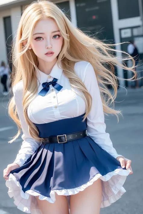ASCIIbest quality, ultra high res, (photorealistic:1.4), 1 girl, (ulzzang-6500:1.0), Kpop idol, best quality (blonde hair wavy hair:1.1),(blonde hair, shiny wavy hair,smile, girl, 1girle,Beautiful blue eyes),(Lovely:1.16),(extremely delicate and beautiful),Beautiful colorful,(hair ornaments:1.3),long hair, (white school uniform:1.2), (outdoors),(school building:1.2), cityscape, (light smile:1.2), (an extremely cute and beautiful girl), cinematic shadows, (dynamic angle), (sharp outline),, kawaii, cute, (((16 years old))), (blue pleats skirt), (blue ribbon), ((glossy eyes)), glossy hair, shiny hair,large breast,upper body