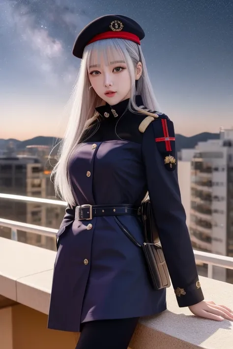(HK416:1.0), high quality raw photo, realistic, facing viewer, (from the side:0.8), medium shot, (balcony:0.9), puffy eyes,(ulzzang-6500-v1.1:0.9), night time, light_particles, milky way, night sky, star