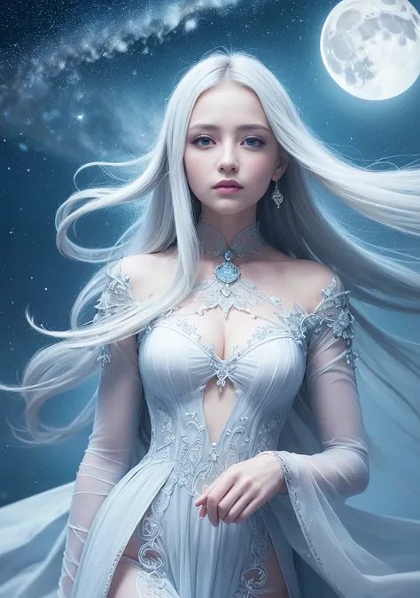 masterpiece, (best quality:1.2), (ultra-detailed:1.2), illustration, (an extremely delicate and beautiful:1.2),cinematic angle,floating, (beautiful detailed eyes:1.1), (detailed light:1.1),cinematic lighting, beautifully detailed sky, women, white hair, blue eyes, (high ponytail:1.1), cloak, glowing eyes, (moon:1.2), (moonlight:1.1), starry sky, (lighting particle:1.1), fog, snow painting, sketch, bloom