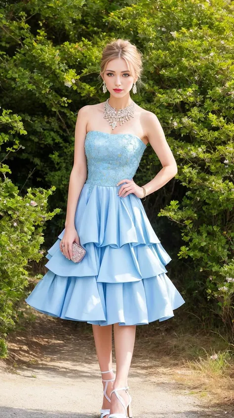 professional modelshoot style photo elegant woman with haute couture design light blue to light yellow gradient color tiered layered mesh A-line midi skirt,realistic, sharp focus, 8k high definition, insanely detailed, intricate, elegant, on summers day, wing eyeliner, eyeliner wings, hyper-realistic, ultra detailed,in the field,mountains,flowers,blonde hair, blue diamond necklace,earrings,green eyes,(full body:1.4),(catwalking:1.2),high heels,<lora:Haute_Couture:0.6>,