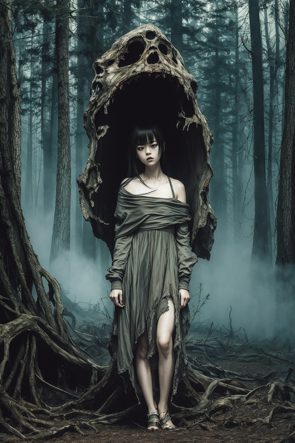 A woman in a dress standing in front of a tree trunk - SeaArt AI
