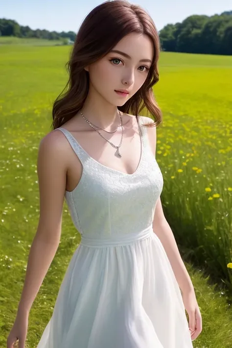 best quality, beautiful european (young 1girl), (detailed cute face+eyes), aqua iris, detailed wavy blonde medium hair, real hair movement, simple pure white dress, simple silver necklace, walking on blooming meadow, sunny day, cinematic lighting, photorealistic, sharp focus, wide angle, pov face