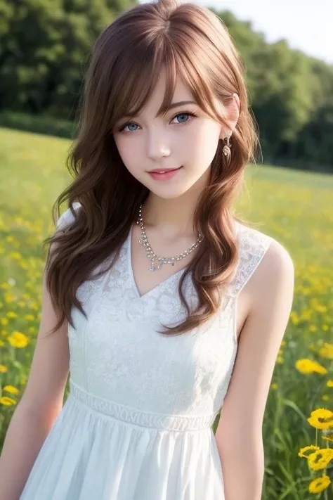 masterpiece, best quality, realistic, real, temptation light smile,best quality, beautiful european (young 1girl), (detailed cute face+eyes), aqua iris, detailed wavy blonde medium hair, real hair movement, simple pure white dress, simple silver necklace, walking on blooming meadow, sunny day, cinematic lighting, photorealistic, sharp focus, wide angle, pov face