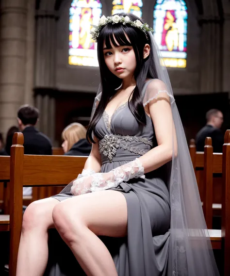 realism, light from behind, 4k,raw photo,(masterpiece), (best quality), highres, (1girl),(realistic, photo-realistic:1.2),ultra detailed, physically-based rendering, 1girl, small breasts,
1girl, solo, full body, short hair, multi color hair, dye hair, hair bangs, flower on hair, ((inside church)), detailed eyes, aged down, young age, detailed face
standing, flower crown, full body, sitting, crossed legs, arm support, masquerade mask, makeup, stocking,
innocent, wedding gown, long sleeves, ball gown, bridal cape veil, long dress, long gown, ((grey chrome gown)), ((dark theme)), ((night time)), gloves, from side and below, white cape, thigh cut