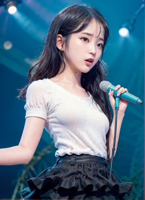 best quality, ultra high res, RAW photo, realistic, (solo), (photorealistic:1.4), (looking at viewer:1.2), (facing viewer:1.2), iu1, (iu), (lee ji eun), korean girl, singing on stage, wearing a japanese high school uniform, school shirt, (skirt:1.3), holding microphone, small eyes, half-closed eyes, outdoor, daytime, bright sky, strong sunight, beautiful, masterpiece, extremely detailed face, perfect lighting, ultra detailed, bloom, (kpop idol), small breasts