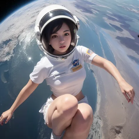 (8k, RAW photo, best quality, masterpiece:1.2), (realistic, photo-realistic:1.37), (1girl, in the air), full body, deep depth of space, universe background, Mysterious planet,(white shirt, white shorts),1 planet,((Astronaut helmet,reflective)),<lora:arknightsTexasThe_v10:0.1>