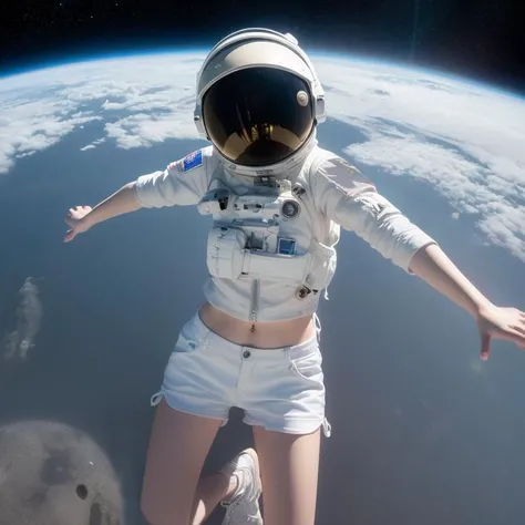 (8k, RAW photo, best quality, masterpiece:1.2), (realistic, photo-realistic:1.37), (1girl, in the air), full body, deep depth of space, universe background, Mysterious planet,(white shirt, white shorts),1 planet,((Astronaut helmet,reflective)),<lora:arknightsTexasThe_v10:0.1>