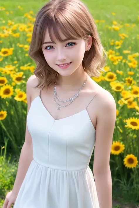masterpiece, best quality, realistic, real, temptation light smile,best quality, beautiful european (young 1girl), (detailed cute face+eyes), aqua iris, detailed wavy blonde medium hair, real hair movement, simple pure white dress, simple silver necklace, walking on blooming meadow, sunny day, cinematic lighting, photorealistic, sharp focus, wide angle, pov face