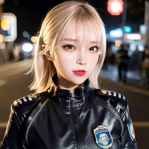 1girl, police woman, uniform, night street, lighting on face, bright back lighting, ultra high res, best quality, photo, 4k, (photorealistic:1.2),