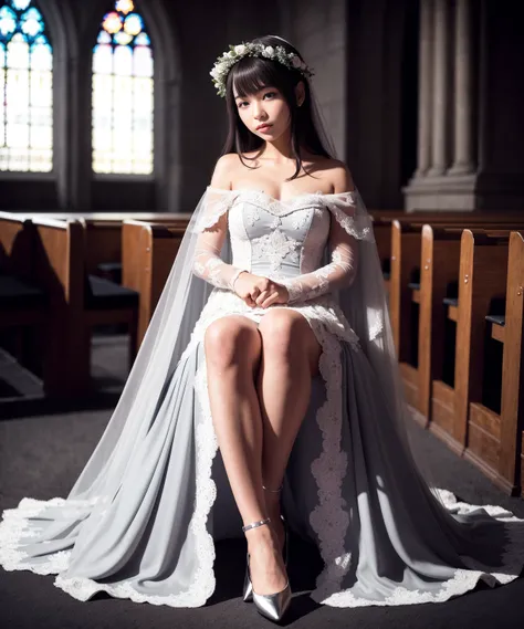 realism, light from behind, 4k,raw photo,(masterpiece), (best quality), highres, (1girl),(realistic, photo-realistic:1.2),ultra detailed, physically-based rendering, 1girl, small breasts,
1girl, solo, full body, short hair, multi color hair, dye hair, hair bangs, flower on hair, ((inside church)), detailed eyes, aged down, young age, detailed face
standing, flower crown, full body, sitting, crossed legs, arm support, masquerade mask, makeup, stocking,
innocent, wedding gown, long sleeves, ball gown, bridal cape veil, long dress, long gown, ((grey chrome gown)), ((dark theme)), ((night time)), gloves, from side and below, white cape, thigh cut
