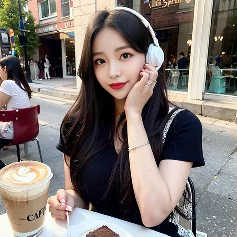 Korean, woman, cafe, pose, picture, Instagram, social media, smartphone, camera, selfie, smile, happy, cute, stylish, trendy, fashionable, makeup, lipstick, eyeshadow, nails, accessories, purse, coffee, latte, cappuccino, tea, cake, pastry, dessert, food, menu, table, chair, decoration, plant, flowers, window, natural light, cozy, comfortable, relaxing, chill, good vibes, friend, conversation, laughter, fun, entertainment, music, playlist, headphones, urban, city, street, building, architecture, landmark, travel, adventure, explore, discovery, culture, heritage, history, language, literature, happiness, confidence, self-esteem, <lora:koreanDollLikeness_v15 (1):1>