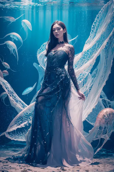 a beautiful woman, jellyfish dress, full body, looking at viewer,
tatto skin, fish scales, deep ocean, highly detailed,
Adrian Ghenie, Esao Andrews, Jenny Saville, Edward Hopper, James Jean, Takato Yamamoto,
masterpiece, ultra high res, high quality, 4k, photo, (photorealistic:1.2),