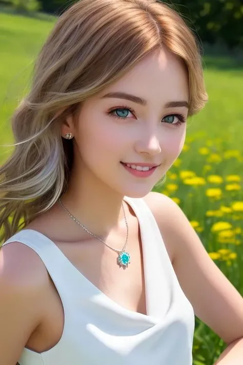 masterpiece, best quality, realistic, real, temptation light smile,best quality, beautiful european (young 1girl), (detailed cute face+eyes), aqua iris, detailed wavy blonde medium hair, real hair movement, simple pure white dress, simple silver necklace, walking on blooming meadow, sunny day, cinematic lighting, photorealistic, sharp focus, wide angle, pov face