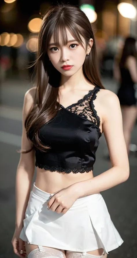 (8k, RAW photo, best quality, masterpiece:1.2),(High detail RAW color photo professional close photograph),(realistic, photo-realistic:1.37),(best shadow),(best illustration), (ultra high res,extremely detailed CG unity 8k wallpaper),(physically-based rendering),(cinematic lighting),(1 girl:1.5),(bokeh:1.4),(collarbone),(shapely), (slim waist),(oval face),(wide shoulder), (intricate lace hair ornament),(full body),(silk stockings),(mini skirt)