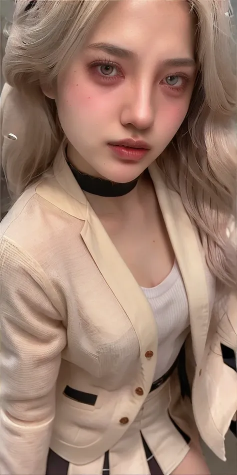 Multi-layered outfit,((half white lab coat outside)),(sailor collar school uniform),shirt, pleated skirt,(black pantyhose), [:(detailed face:1.2):0.2], raw photo, (masterpiece), (best quality), highres, (realistic, photo-realistic:1.2), ultra detailed, physically-based rendering, 1girl, air bangs, long hair, (silvery hair), wavy hair, <lora:japaneseDollLikeness_v10:0.3>, <lora:chineseHeterochromia_v10:0.9>