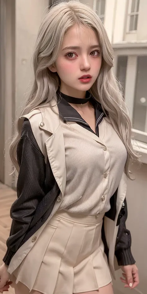 Multi-layered outfit,((half white lab coat outside)),(sailor collar school uniform),shirt, pleated skirt,(black pantyhose),<lora:Moxin_1010:0.1>, [:(detailed face:1.2):0.2], raw photo, (masterpiece), (best quality), highres, (realistic, photo-realistic:1.2), ultra detailed, physically-based rendering, 1girl, air bangs, long hair, (silvery hair), wavy hair, <lora:japaneseDollLikeness_v10:0.3>, <lora:chineseHeterochromia_v10:0.5>
