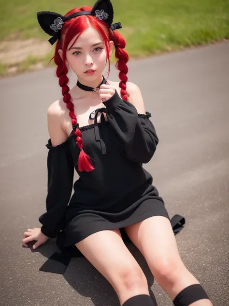 ((1girl)), 18 years old, red hair, green dress, ((black cat ears)), ((black ribbon on hair)), ((twin braids)), red ribbon on neck, shoes with laces around leg, ((RAW photo, Photo realistic, 8K UHD, HDR, best quality, highest quality image, photography)), perfect eyes