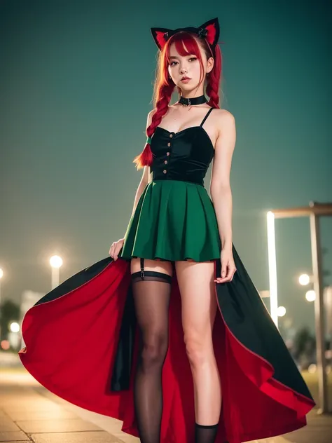 ((1girl)), attractive 18 year old, red hair, ((green dress)), ((black cat ears)), ((black ribbon on hair)), ((twin braids)), red ribbon on neck, shoes with laces around leg, ((RAW photo, Photo realistic, 8K UHD, HDR, best quality, highest quality image, photography)), perfect eyes, under a night sky, full moon