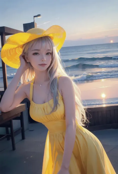 Sunset, beautiful vintage color, neon lighting of the bar nearby, ultra high, resolution shapeness, (photorealistic:1.4), 1 girl cute, beach, blue sky, full body, dynamic posing, (silver long hair), ((puffy eyes)), looking at viewer, happy, full body (8k, RAW photo, best quality, masterpiece:1.2), (realistic, photo-realistic:1.37),(sharp focus:1.2), professional lighting, photon mapping, radiosity, physically-based rendering, close up shoot, (yellow sleeveless long dress :1.2) sun hat, (close-up:0.9), (pale skin:1.2) <lora:wlopStyleLora_30Epochs:0.2> <lora:koreanDollLikeness_v10:0.3> <lora:koreanDollLikeness_v15:0.2>