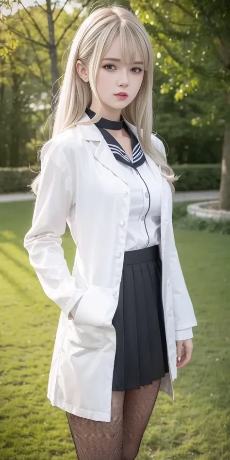 ((half white lab coat outside)),(sailor collar school uniform),shirt, pleated skirt,(black pantyhose),<lora:chineseTiktokIdolXiaoDianXin_v11:0.3>,<lora:Moxin_1010:0.1>, [:(detailed face:1.2):0.2], raw photo, (masterpiece), (best quality), highres, (realistic, photo-realistic:1.2), ultra detailed, physically-based rendering, 1girl, air bangs, long hair, (silvery hair), wavy hair,