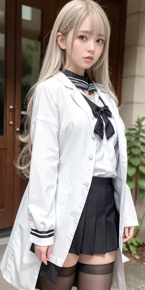 Multi-layered outfit,((half white lab coat outside)),(sailor collar school uniform),shirt, pleated skirt,(black pantyhose),<lora:Moxin_1010:0.1>, [:(detailed face:1.2):0.2], raw photo, (masterpiece), (best quality), highres, (realistic, photo-realistic:1.2), ultra detailed, physically-based rendering, 1girl, air bangs, long hair, (silvery hair), wavy hair, <lora:japaneseDollLikeness_v10:0.3>