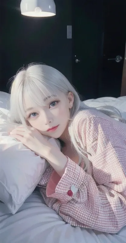 beautiful vintage color, bed and colorful pillow, instagram (photorealistic, high resolution:1.4), 1 girl cute sexy, (pajamas:1.4), platinum hair, (silver long hair), ((puffy eyes)), looking at viewer, happy, full body (8k, RAW photo, best quality, masterpiece:1.2), (realistic, photo-realistic:1.37),(sharp focus:1.2), professional lighting, photon mapping, radiosity, physically-based rendering, (Close-up angle: 1.4), (close-up:0.9), (pale skin:1.2) <lora:koreanDollLikeness_v10:0.3> <lora:koreanDollLikeness_v15:0.3> <lora:taiwanDollLikeness_v10:0.2> <lora:wlopStyleLora_30Epochs:0.01> <lora:japaneseDollLikeness_v10:0.1>