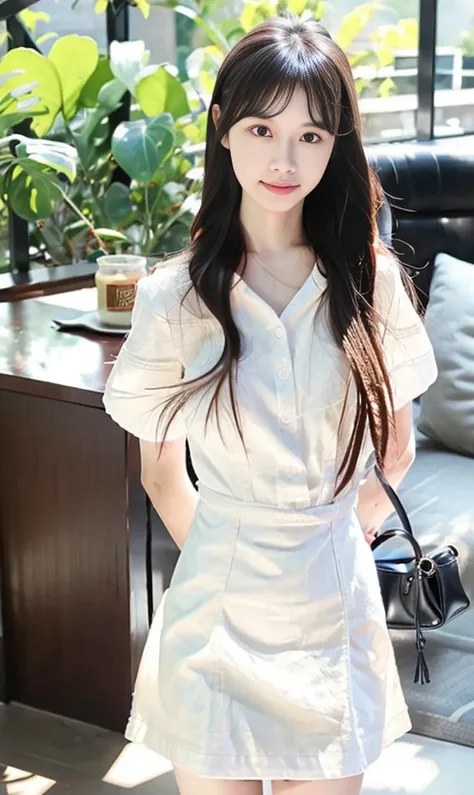 NSFW, (8k, best quality, masterpiece:1.2), (realistic, photo-realistic:1.37), ultra-detailed, 1 girl, looking at viewer, cute, beautiful detailed sky, detailed cafe, sitting at a table with afternoon tea, full body, (smile:1.15), closed mouth, medium breasts, bursting shirt buttons, beautiful detailed eyes, (collared shirt:1.1), daytime, sunshine, white lace, (long hair:1.4), shoulder-length hair, silver hair, uniform, white skin, cinematic light, street light, (hottiest actress:1.4), full body image, (tea table:1),(hand bag:1), ulzzang-6500-v1.1:0.3, karinak-4501-6300:1.2,long legs, high heel,<lora:tanya_pure_safetensors-000002:1>